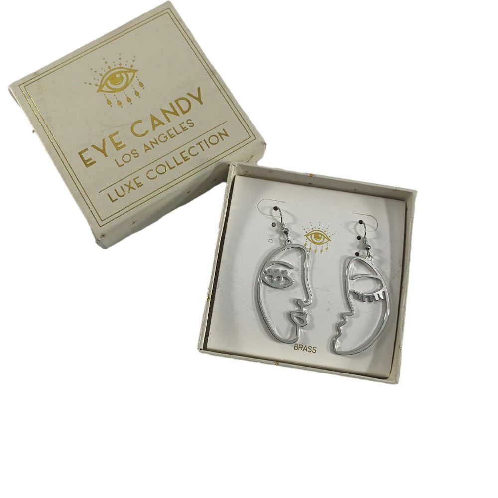 Eye Candy Luxe Collection Earrings Silver Tone Brass Dangle Faces Bold Statement